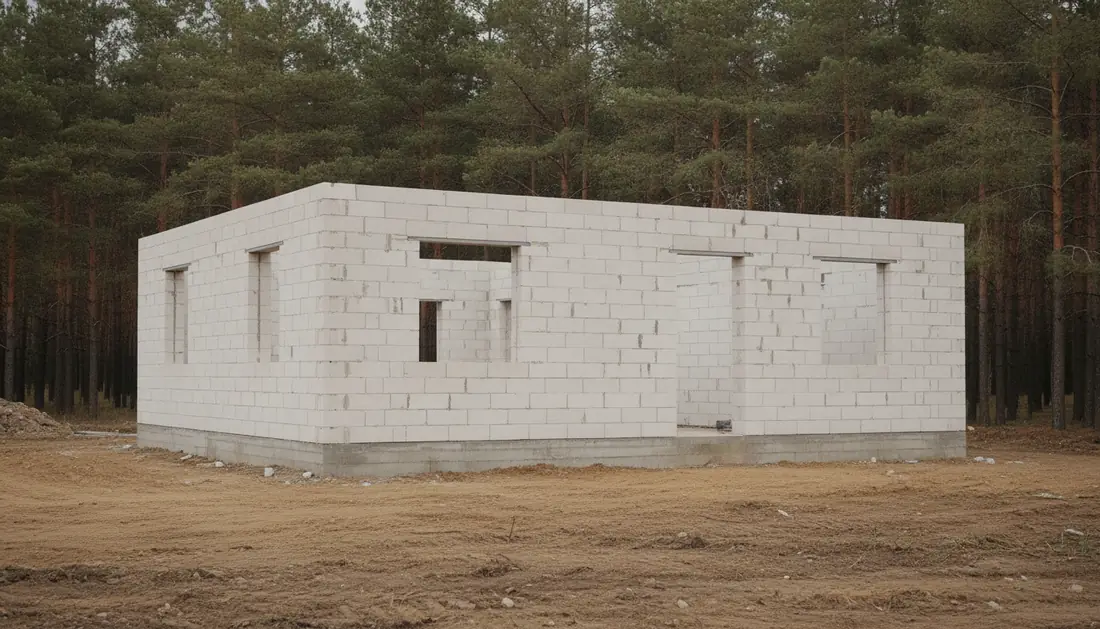 Одноэтажный дом из белых газобетонных блоков, стены выведены под кровлю